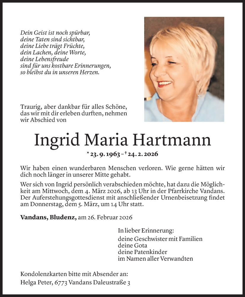  Todesanzeige für Ingrid Maria Hartmann vom 02.03.2026 aus Vorarlberger Nachrichten