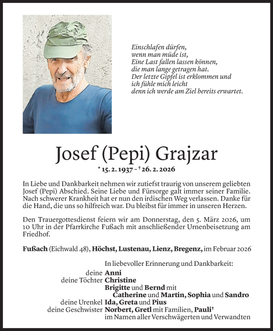 Todesanzeige von Josef Grajzar von Vorarlberger Nachrichten