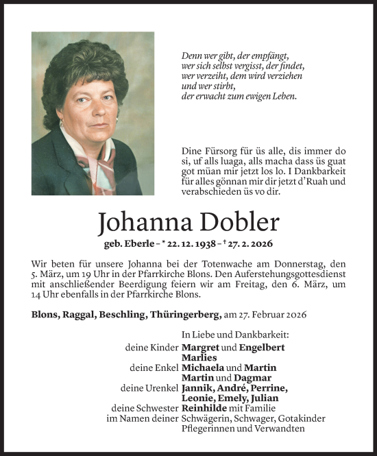 Todesanzeige von Johanna Dobler von Vorarlberger Nachrichten