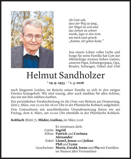 Todesanzeige von Helmut Sandholzer von Vorarlberger Nachrichten
