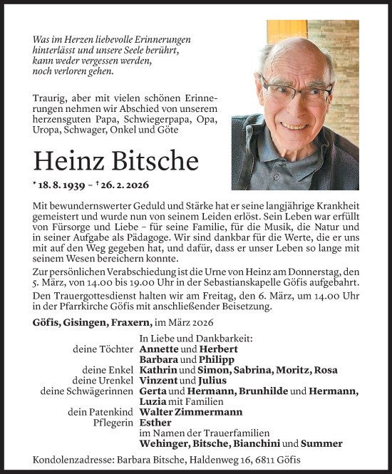 Todesanzeige von Heinz Bitsche von Vorarlberger Nachrichten
