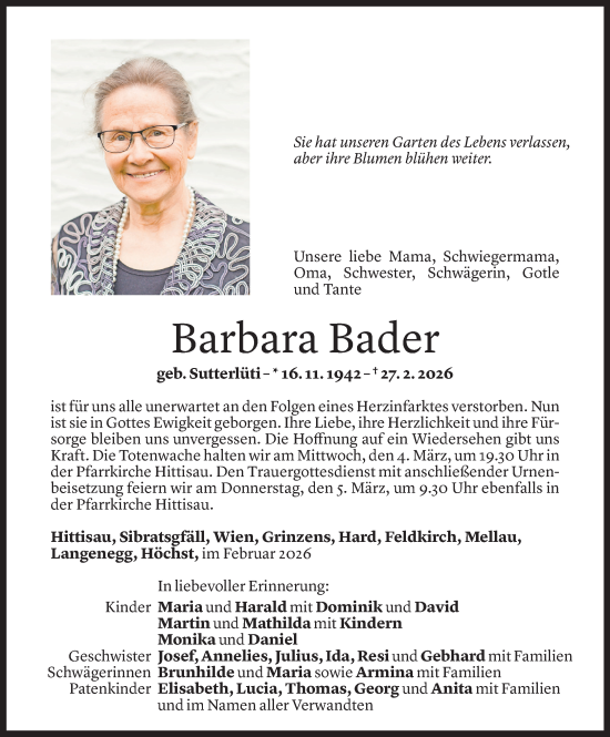 Todesanzeige von Barbara Bader von Vorarlberger Nachrichten