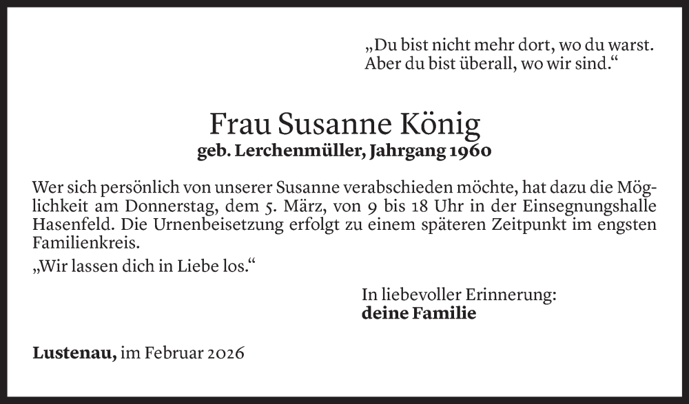  Todesanzeige für Susanne König vom 02.03.2026 aus Vorarlberger Nachrichten
