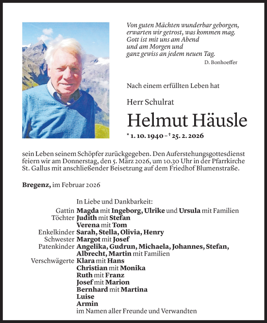 Todesanzeige von Helmut Häusle von Vorarlberger Nachrichten