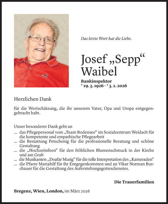 Todesanzeige von Josef Waibel von Vorarlberger Nachrichten