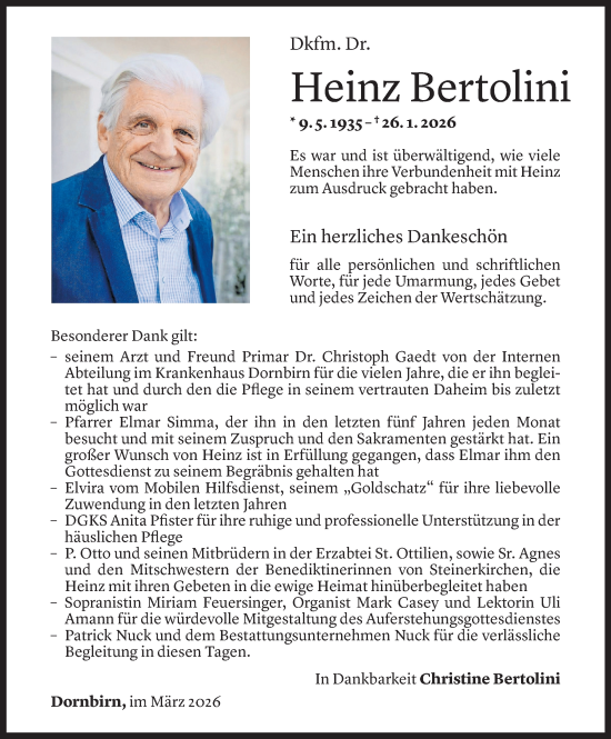 Todesanzeige von Heinz Bertolini von Vorarlberger Nachrichten