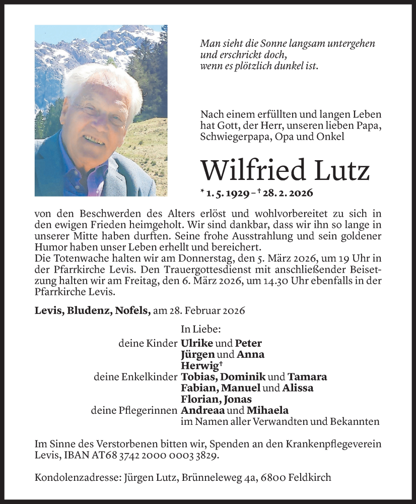  Todesanzeige für Wilfried Lutz vom 02.03.2026 aus Vorarlberger Nachrichten